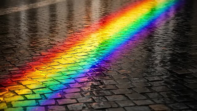 Colorful rainbow reflection on wet cobblestone street, showcasing vibrant hues and urban scenery