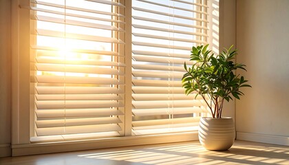 Sunny window view plant pot by blinds with golden light