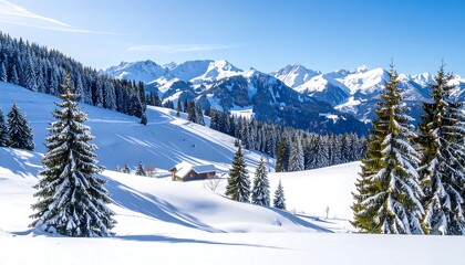 Snowy mountain landscape with a small cabin