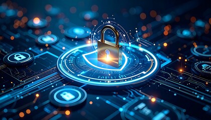 A glowing padlock sits atop a digital shield, surrounded by interconnected circuits and glowing data streams, representing security and protection