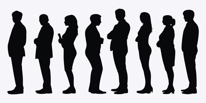 Silhouettes of people in a line facing sideways on a light background Keywords: people silhouette line queue waiting standing man