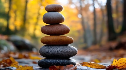 Stacked stones in autumn forest surrounded by colorful leaves during golden hour
