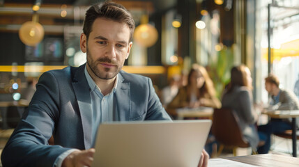 Focused businessman in suit working on laptop in modern co-working space with blurred background of people