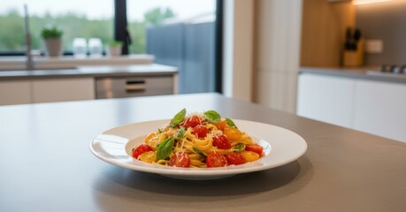 Fresh pasta with cherry tomatoes, basil, and parmesan cheese on a modern kitchen island, ready to eat.