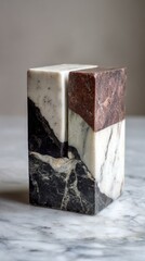 Unique geometric marble sculpture showcasing contrasting colors and textures on a marble surface