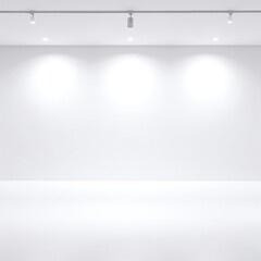 A spacious, empty white room featuring sleek, modern spotlights on the ceiling, illuminating the pristine white floor, creating a bright, airy atmosphere.