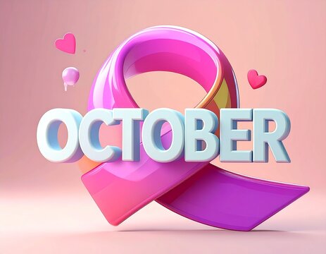 A glossy 3D rendering of a pink ribbon symbolizing support, interwoven with the word October for Breast Cancer Awareness Month