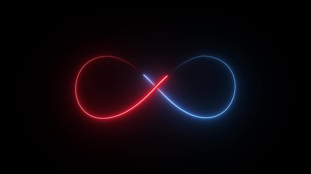 Red and blue neon infinity sign animated clipart, glowing endless loop symbol on dark background for motion graphics