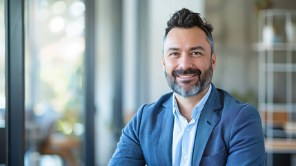 Obraz premium Portrait of a smiling middle-aged man in a business setting, professional and approachable