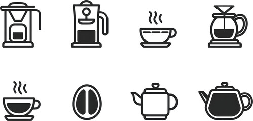 Cozy coffee and tea icon set with vector glyph of teapot and mug