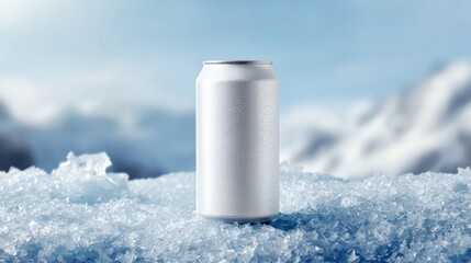 White Aluminum Can Surrounded by Ice and Snow in Bright Cold Environment on Clear Background