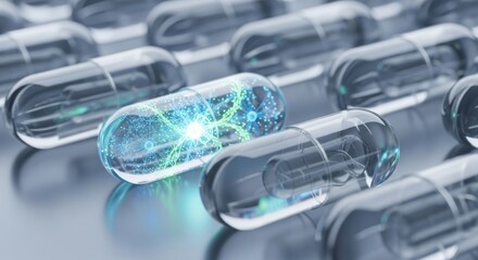Futuristic smart pill capsules with digital network visualization inside, innovative medical technology for advanced drug delivery, health monitoring, precision medicine concept