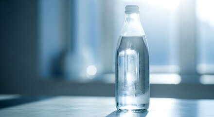 Glass water bottle on a table with a blurred background in a bright room