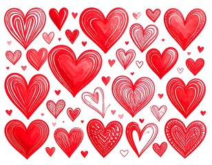 Red hearts of varying sizes and patterns
