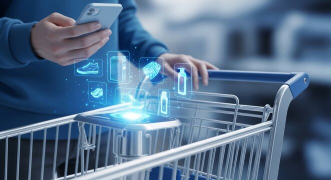 Smartphone and AI create personalized shopping experience, digital hologram display product above cart, futuristic retail technology for customized recommendation in modern store - Powered by Adobe