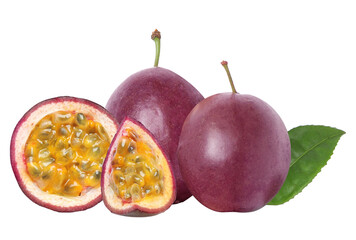 passion fruit halves and whole fruit on a transparent background