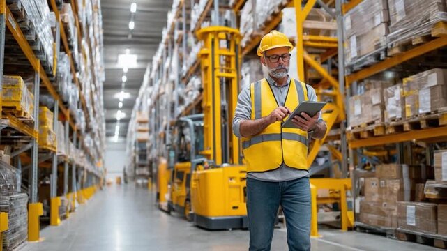 Warehouse Management: A focused worker wearing protective gear uses a tablet amidst the organized chaos of a vast warehouse filled with inventory.