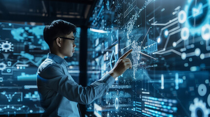 Brilliant male IT specialist interacting with a large holographic touch screen showing complex data and infographics