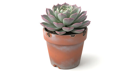 A single echeveria succulent plant with pale green and pinkish leaves in a small terracotta pot on a white background
