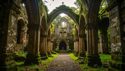 Obraz premium Ruined church overgrown with moss