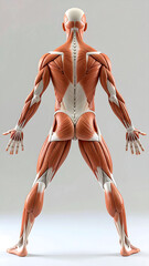 Muscular human back anatomy model showing posterior muscles, spine, gluteal and leg muscle detail with clinical clarity and neutral lighting