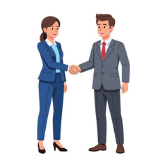 Smiling businesspeople shaking hands, modern cartoon style, successful partnership concept.