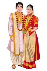 South Indian Wedding Couple Standing Character Vector Illustration