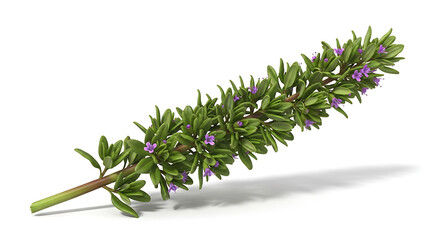 A single sprig of fresh green hyssop herb with tiny purple flowers on a white background