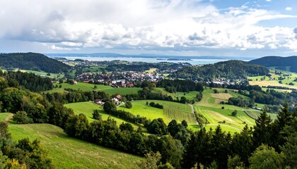 Fototapeta premium Panoramic view of a valley with a lake and town nestled among hills