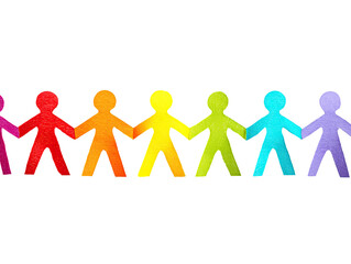 Row of colorful paper cut-out people holding hands, rainbow colors