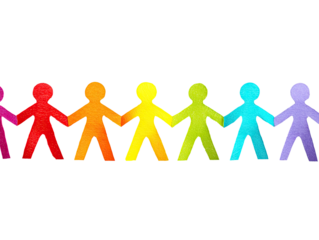 Row of colorful paper cut-out people holding hands, rainbow colors
