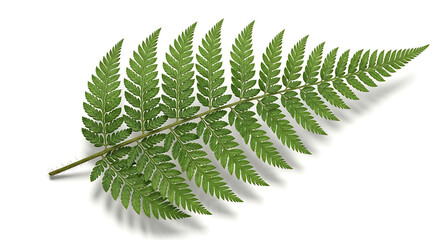 A single vibrant green fern frond with delicate leaflets isolated on a clean white background