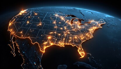 Night view of the USA on a globe.  Cities highlighted