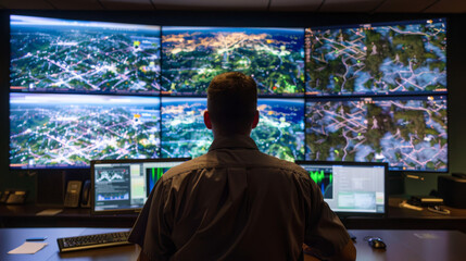 A surveillance operator analyzing real-time aerial city data on a multi-screen video wall in a dark command center
