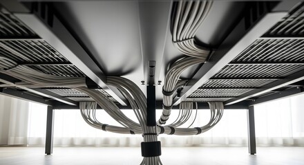Neat and organized cable management system under a modern office desk, showcasing efficient wiring and clean workspace design.