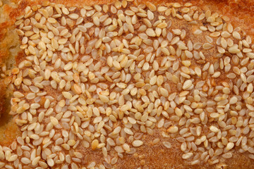 A detailed macro shot showing the texture of a fresh bread crust densely covered with golden sesame seeds