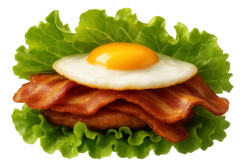 A breakfast sandwich featuring a fried egg and crispy bacon on a bed of fresh green lettuce.