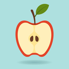 Sliced red apple with leaf and seeds on blue background, ideal for health content, nutrition campaigns, food education, and wellness themed design.