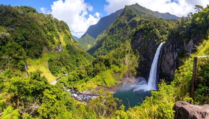 Panoramic view of a lush waterfall cascading into a pool