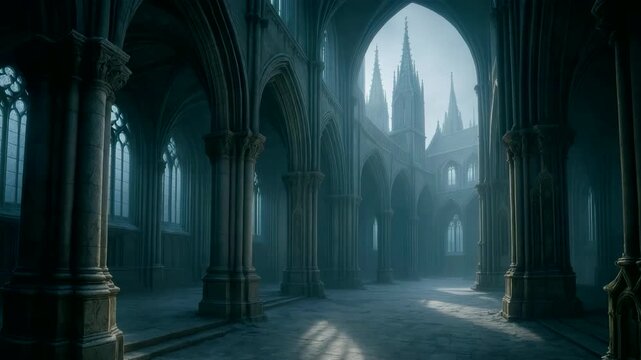 Gothic Cathedral Interior Arched Columns Towers Dark Stone Architecture Ancient Hallway