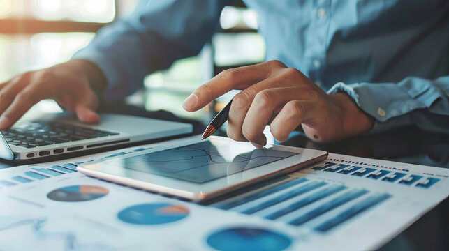 Professional businessman analyzing financial data graphs on a digital tablet and laptop in a modern office setting for business growth