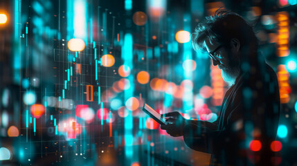 Focused professional analyzing financial growth charts on a tablet, surrounded by futuristic digital data and a vibrant city glow, symbolizing modern business and market tech