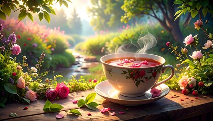 Rose tea in a garden at dawn