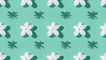 Floral pattern with white flowers and green background.