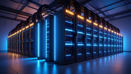 Server room featuring rows of data storage units with glowing blue and orange lights, highlighting the infrastructure of modern computing and data management systems