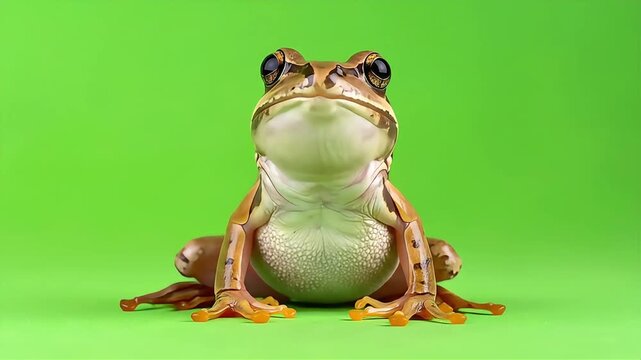 A close-up, front-facing view of a brown tree frog with large, dark eyes, perched on a vibrant green background.