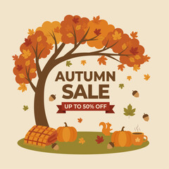 Autumn Sale Poster Banner with Falling Maple Leaves, Promotional Discount Message and Warm Tones, Decorative Leaves Background and Fall Theme Design