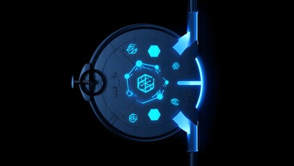 Futuristic technology concept featuring a glowing blue interface with geometric shapes and lines against a dark background, creating a hightech, modern aesthetic