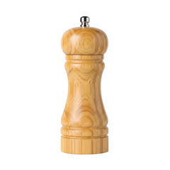 Elegant wooden pepper grinder with silver metal cap against a transparent background