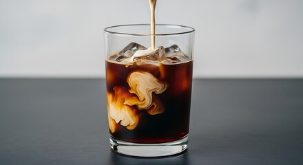 Cream Cascades into Iced Coffee, Creating a Dynamic Swirl in a Clear Glass.
